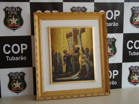tela-de-willy-zumblick-e-recuperada-1 O quadro recuperado ontem retrata um momento da Via Sacra.