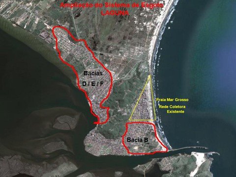 licenca-ainda-nao-foi-emitida-1 A imagem acima mostra os locais que serão contemplados com a 2ª etapa da ampliação do esgoto de Laguna. As praias do município, os banhistas e a atividade turística serão beneficiados com a rede