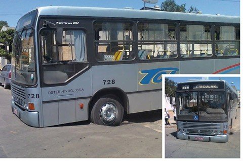 onibus-fica-preso-em-buraco-1 Ônibus da empresa TCL passou no exato momento em que o asfalto cedeu. O veículo ficou preso no buraco e precisou ser guinchado. O problema já foi resolvido - Fotos: Luis Rafael Romañuk Gómez/ Foto Barne/Notisul