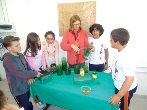 A pequena horta criada pelos alunos foi feita a partir do reaproveitamento de garrafas pet e outros tipos de embalagens plásticas. Foto: Prefeitura de Capivari de Baixo/Divulgação/Notisul