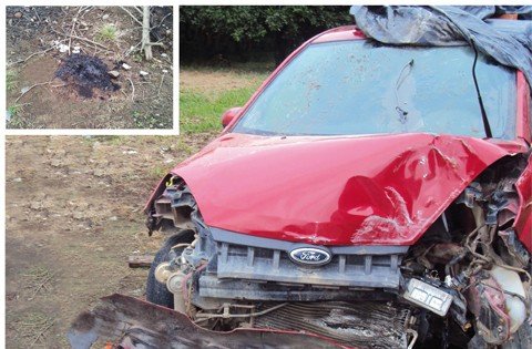 menor-confessa-tentativa-de-homicidio-1 O carro usado foi encontrado batido alguns dias depois do crime. Na foto em detalhe, o local onde o adolescente teria queimado as suas roupas após atirar contra a vítima