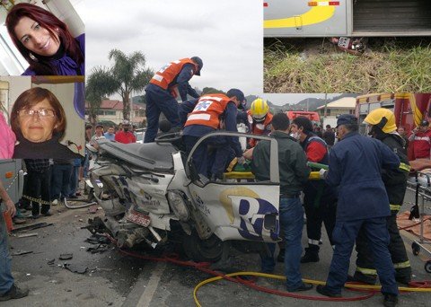 mae-e-filha-morrem-em-acidente-1 A motocicleta cruzou a rodovia, bateu no caminhão e ambos foram parar no outro lado da pista, onde trafegava um ônibus da TCL. Terezinha (foto abaixo) e Lucinéia estavam na motocicleta que foi parar sob o ônibus (detalhe). Foto: Renato Corrêa de Bem/Divu