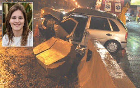 jovem-da-regiao-morre-em-acidente-1 O forte impacto destruiu boa parte do carro e das placas de concreto. Bruna estudava na Satc, em Criciúma - Foto:Canal Içara/Divulgação/Notisul