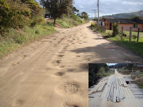 protesto-br-101-sera-fechada-1 A estrada de chão tem muitos buracos e com as últimas chuvas piorou a situação. No detalhe, um das pontes da localidade que está precária e intransitável.