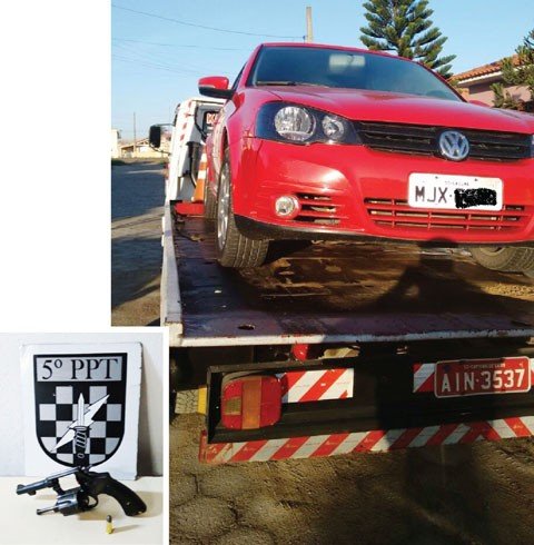 adolescentes-sao-apreendidos-com-arma-1 A arma com uma munição (detalhe) e o Golf foram apreendidos. - Fotos: Polícia Militar de Tubarão/Divulgação/Notisul.