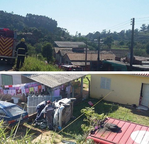 mae-e-filha-morrem-em-capotamento-1 Para retirar uma das mulheres, os socorristas precisaram utilizar uma ferramenta hidráulica para serrar parte do carro - Fotos:Bombeiros voluntários de Jaguaruna/Divulgação/Notisul