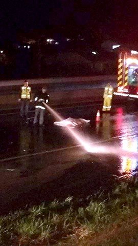 ciclista-e-arremessado-e-morre-atropelado-1 Após o acidente, bombeiros tiveram que limpar a pista suja de sangue enquanto a PRF controlava o trânsito. - Foto: Divulgação/Notisul.