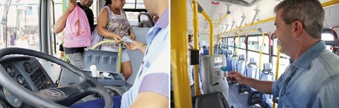 Motoristas terão de cobrar passagens em algumas linhas no fim de semana. Jaison Cardoso (D) realizou, em 2015, testes com cartão-passagem  - Foto:Prefeitura de Imbituba/Divulgação/Notisul