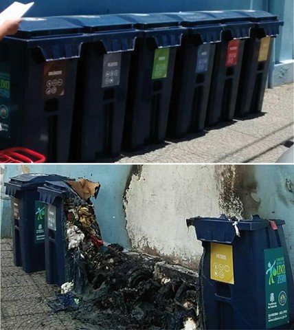 lixeiras-sao-destruidas-por-vandalos-1 A cidade tenta se reerguer, estimular a consciência ambiental, a reciclagem, aí vem dois ou três vagabundos, e simplesmente põem fogo. A punição por vandalismo é muito pífia no Brasil. Então, fica isso por isso?