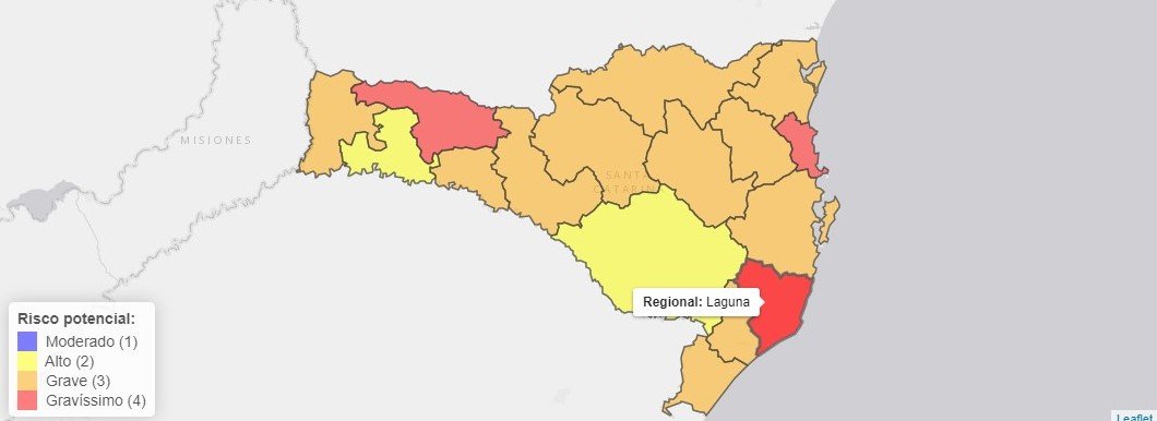 Região de Laguna está entre as três com nível gravíssimo para Covid-19 em SC, aponta mapa de risco do Governo do Estado