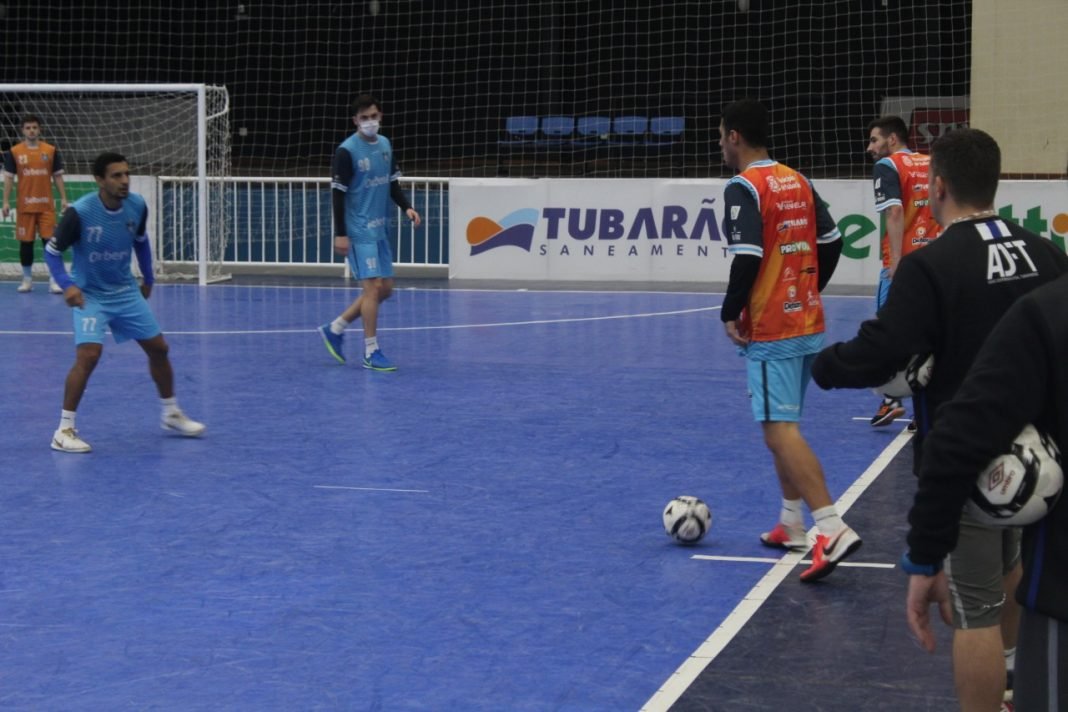 Futsal #Pracegover Foto: Na imagem há diversos atletas do Tubarão Futsal, em uma quadra de esportes treinando