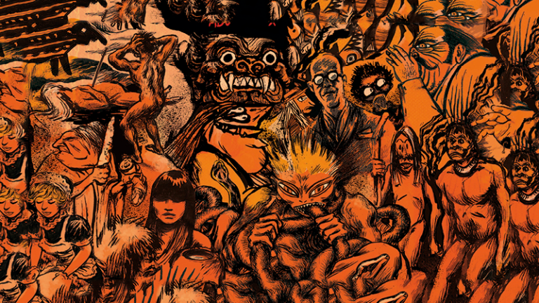 #Pracegover Foto: na imagem há vários desenhos representando humanos em suas diversas formas e um monstro