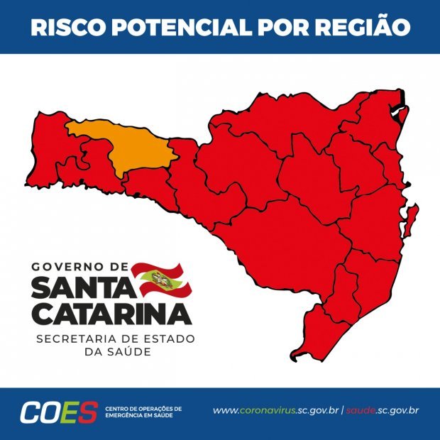 matriz_de_risco1 #Pracegover Foto: na imagem háo mapa de Santa Catarina dividido em 16 regiões. O mapa tem apenas uma regiãos em laranja e as demais em vermelho