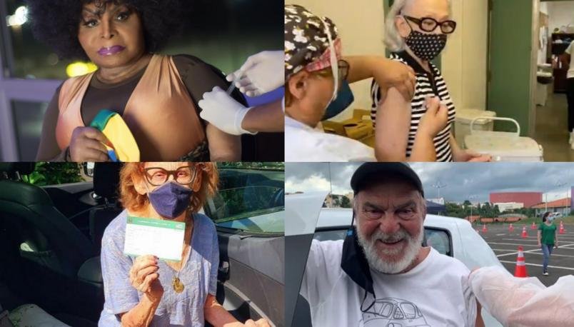montagem #Pracegover Foto: na imagem há quatro idosos, um homem e três mulheres. Duas mulheres estão sendo vacinadas por enfermeiras