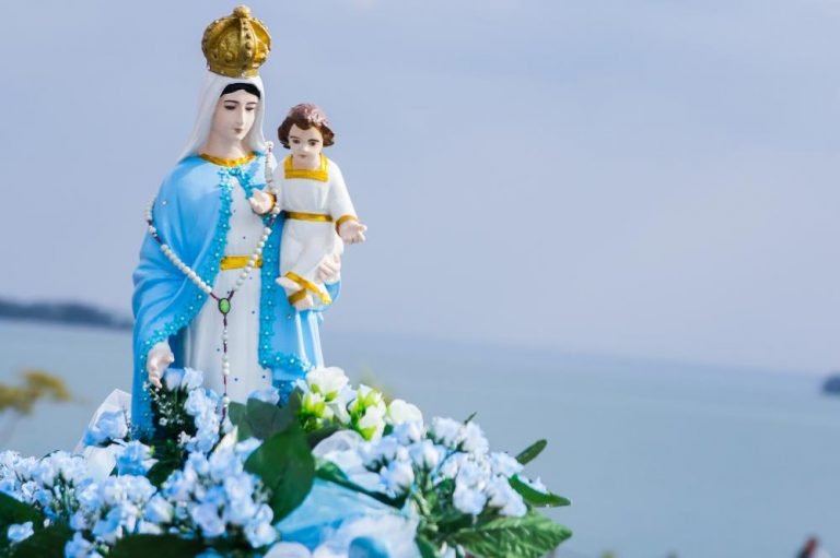 na imagem há a Nossa Senhora dos Navegantes com uma criança no colo, um terço e flores