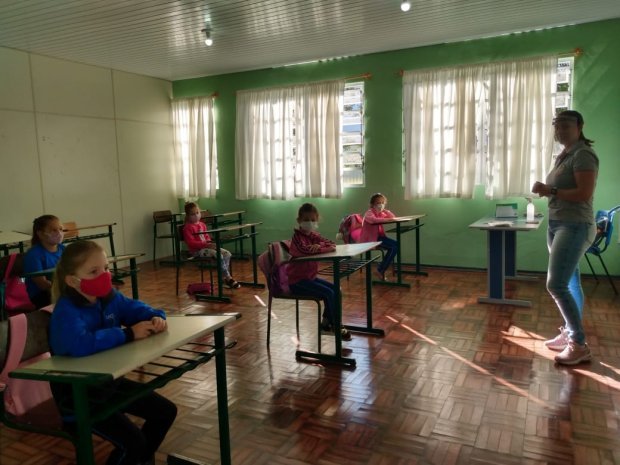 Rede estadual de SC inicia ano letivo nas 1063 escolas nesta quinta-feira #pracegover Na foto, alunos e uma professora em sala de aula, todos com máscara e mantendo distanciamento