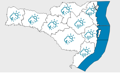 Segunda-feira segue com risco de chuva intensa no Litoral e Vale catarinense #pracegover Na foto, mapa de Santa Catarina demarcado com a previsão do tempo nas regiões