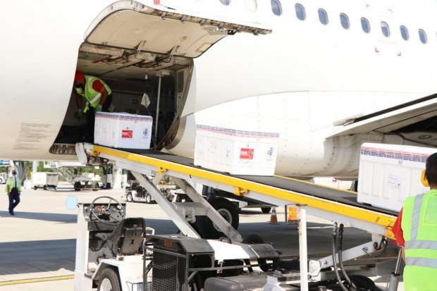 vacina chegada #Pracegover Foto: na imagem há uma aeronave, caixas e uma pessoa