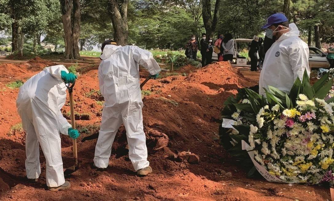 Covid-19 Brasil bate novo recorde com 4.249 mortes registradas em 24 horas #pracegover Na foto, coveiros usam equipamentos de EPI e abrem covas para vítimas de Covid-19