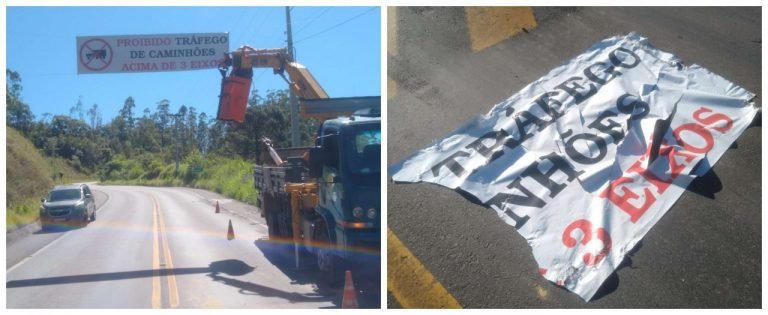 Faixa de advertência para caminhões acima de 3 eixos é arrancada e trânsito volta a trancar na Serra do Corvo Branco