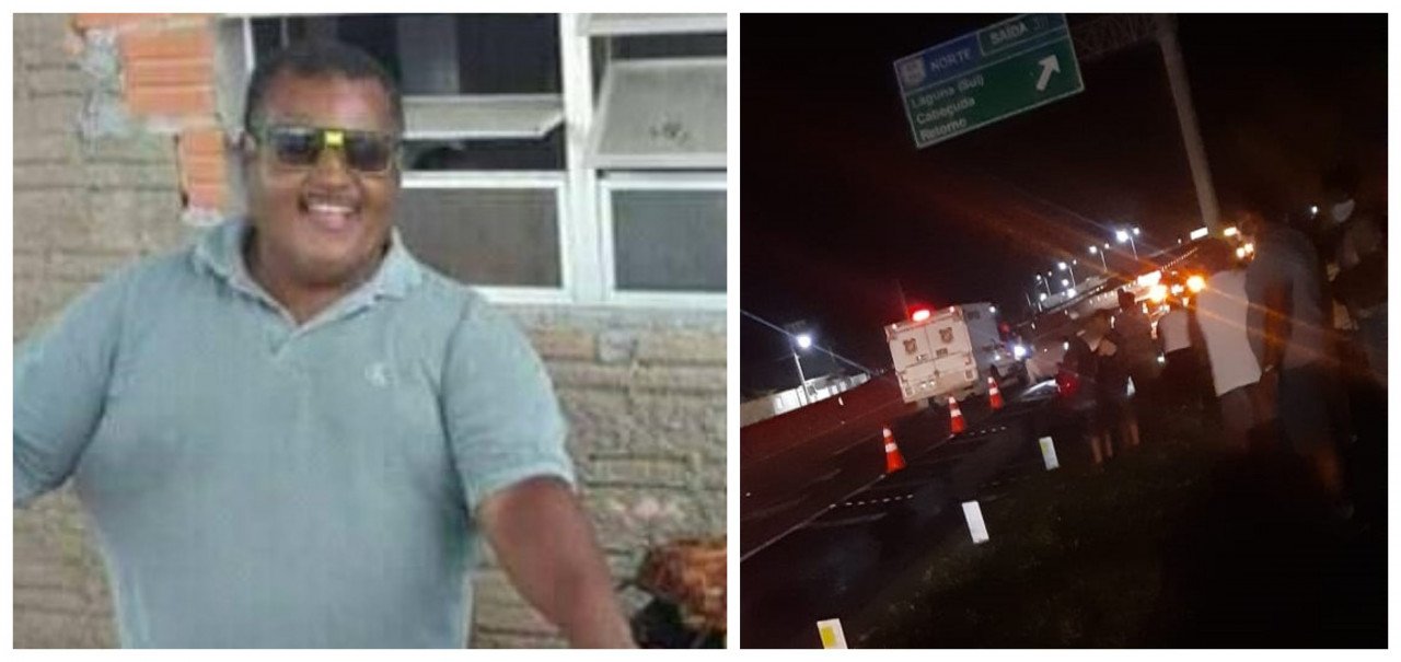 Geraldo Luiz Cândido, de 53 anos, é da comunidade de Cabeçudas. Ele morreu na noite deste domingo após tentar atravessas a rodovia federal. #Pracegover Na foto, à esquerda a imagem de Geraldo, à direita o local do acidente com vários carros parados, pessoas e veículo do IGP
