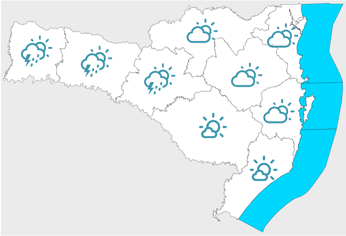 Quarta-feira será com variação de nebulosidade e chance de chuva ao longo do dia #Pracegover Na foto, mapa de Santa Catarina demarcado com a previsão do tempo por regiões