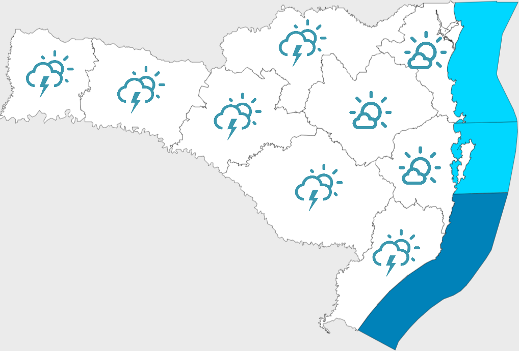 Amanhecer será bem gelado com temperaturas abaixo de 10ºC em algumas regiões #Pracegover Na foto, mapa de Santa Catarina demarcado pela previsão do tempo