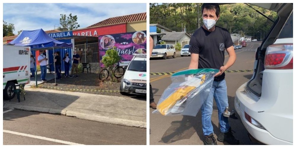 Bebê sobrevivente do atentado à creche de Saudades tem alta da UTI #Pracegover Na foto, à esquerda fachada da escola e à direita, policial segurando a espada usada no crime