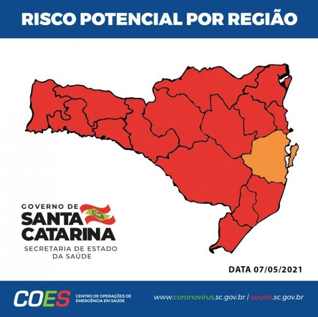 matriz #Pracegover Foto: na imagem há o mapa de SC em vermelho e laranja
