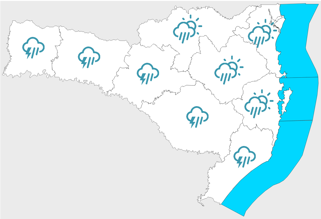 Frente fria se aproxima de SC e traz chuva para o Estado a partir de domingo #Pracegover Na foto, mapa de Santa Catarina demarcado com a previsão de chuva em todas as regiões