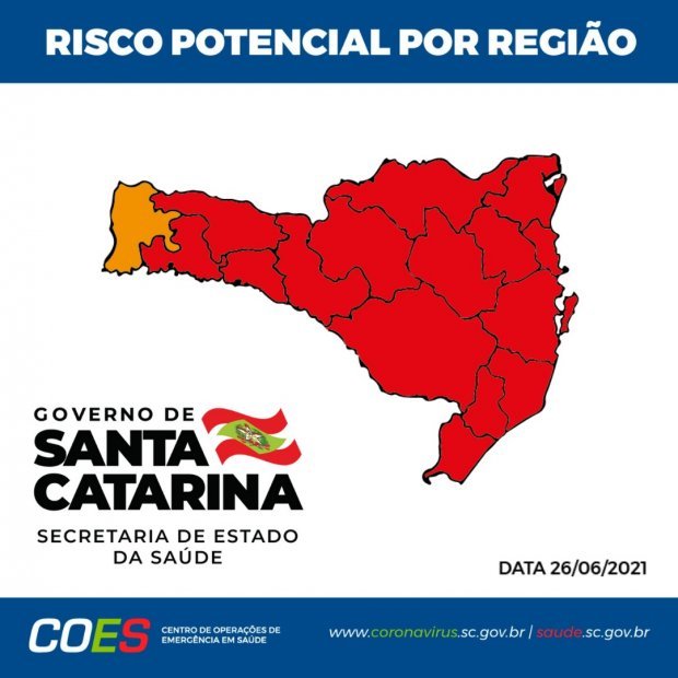 matriz #Pracegover Foto: na imagem há o mapa de Santa Catarina nas cores vermelha e laranja
