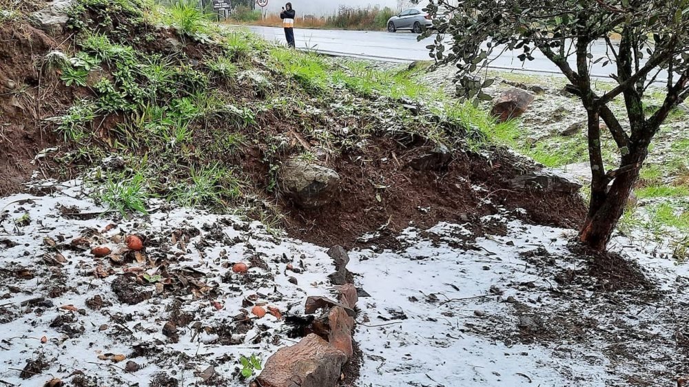 Temperaturas negativas devem permanecer em SC durante toda a semana #Pracegover Na foto, neve sobre o gramado e ao fundo uma pessoa