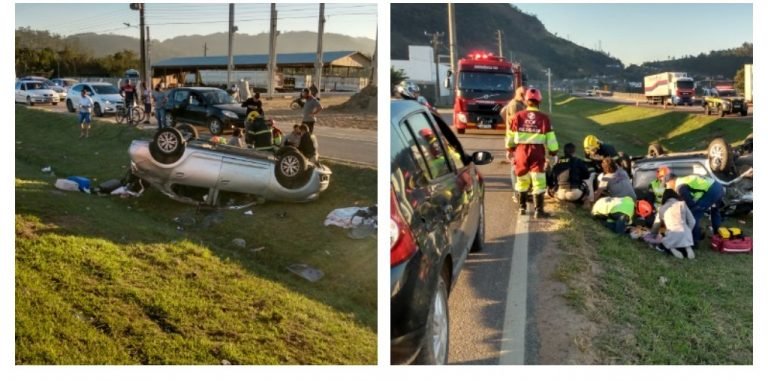 Capotamento na BR 101, em Tubarão, deixa 5 pessoas feridas
