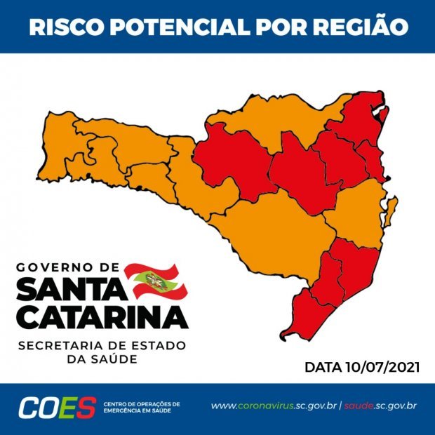 Matriz de risco aponta oito regiões em estado grave e oito em gravíssimo para a covid-19, em SC