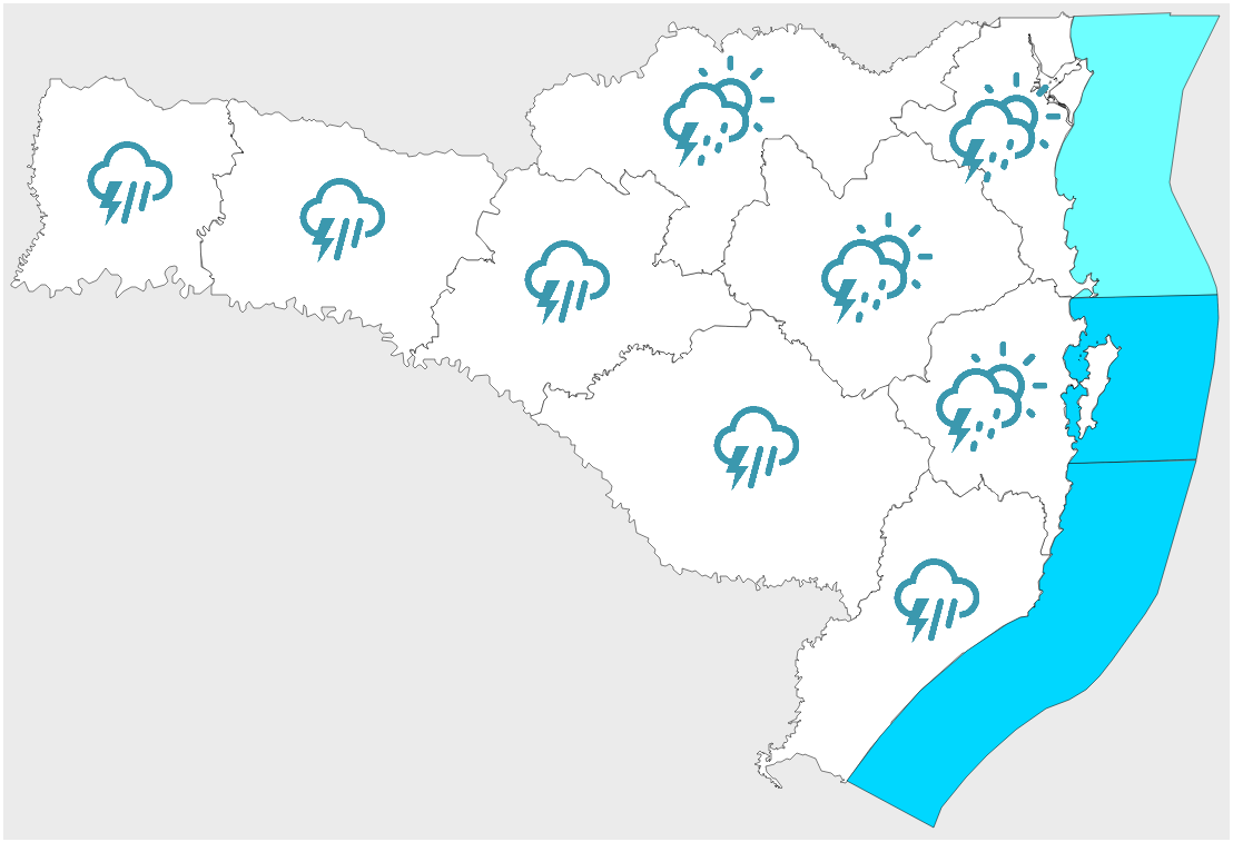 Quinta-feira tem previsão de trovoadas no Oeste e Litoral Sul de SC já pela manhã #Pracegover Na foto, mapa de Santa Catarina demarcado pela previsão do tempo