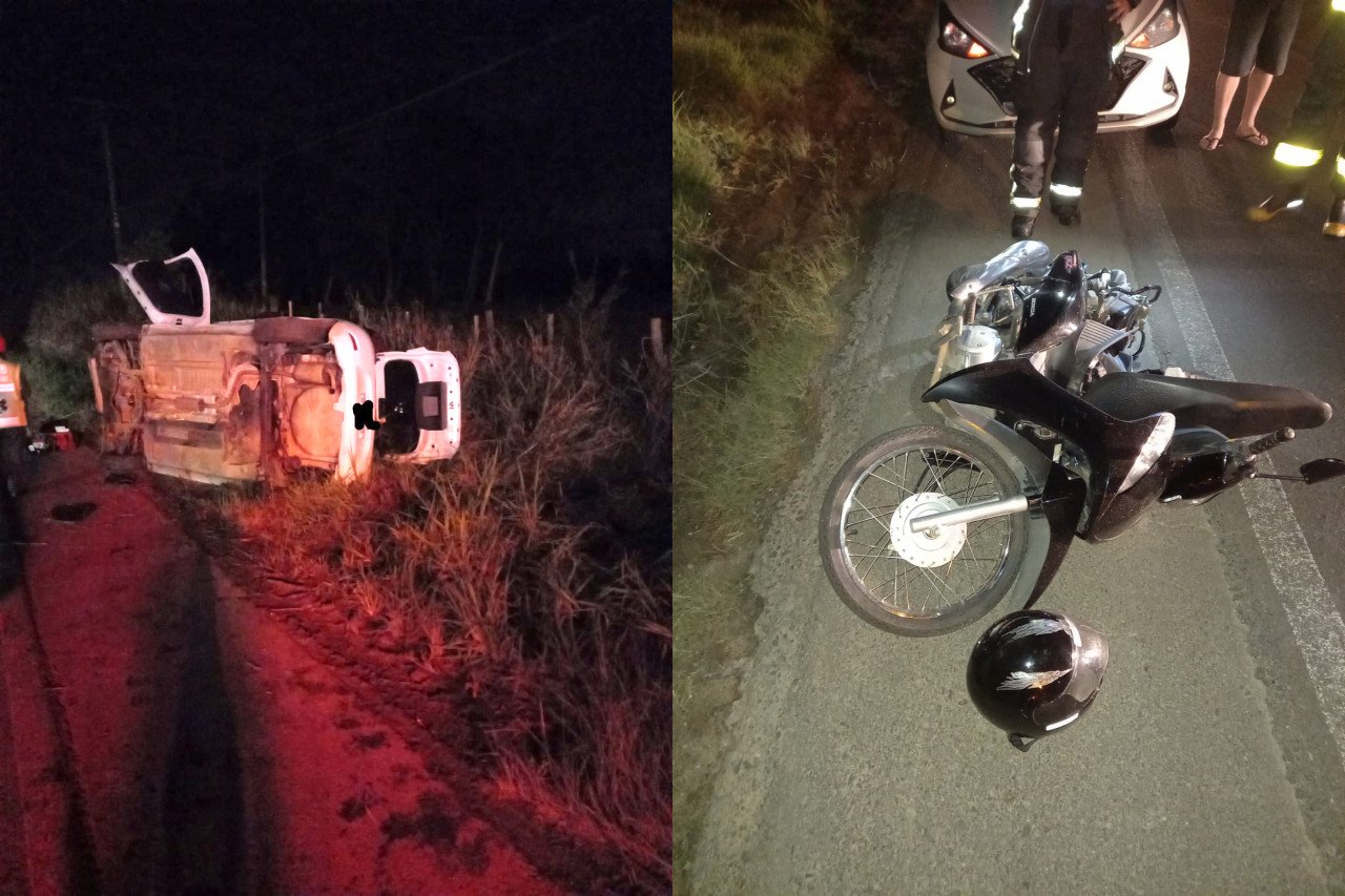 Acidente entre carro e moto resulta em capotamento e duas vítimas
