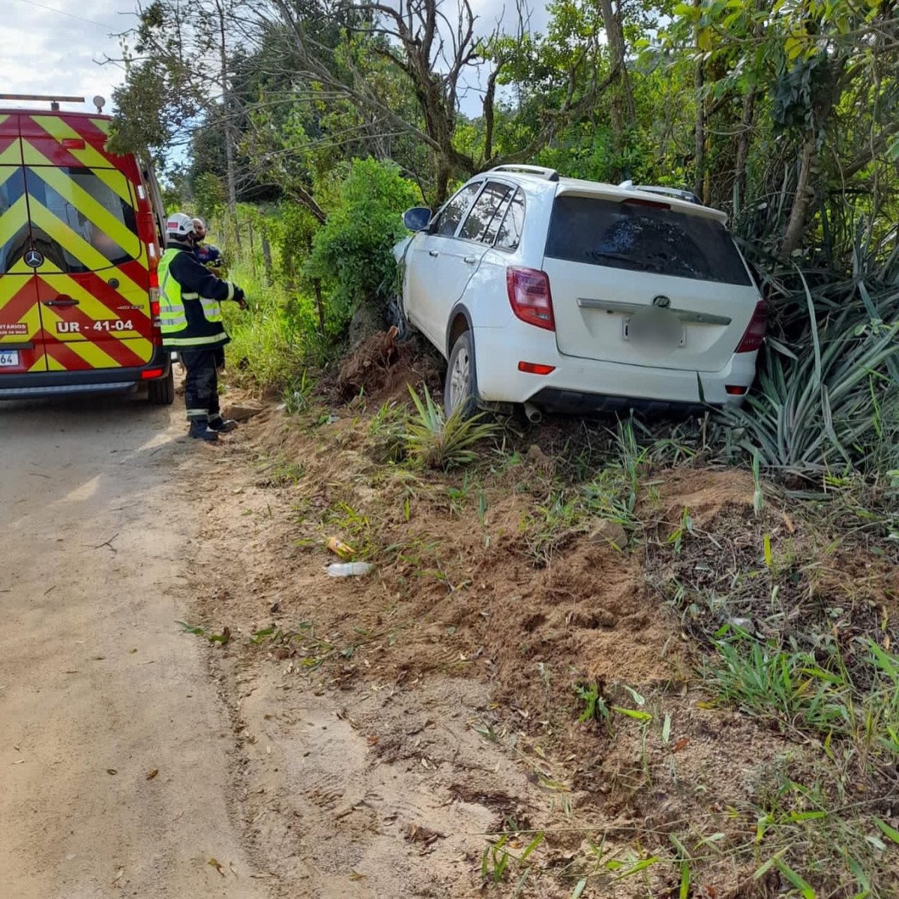colisão árvore #PraCegoVer Na foto, um bombeiro atende uma motorista que bateu seu carro em uma árvore