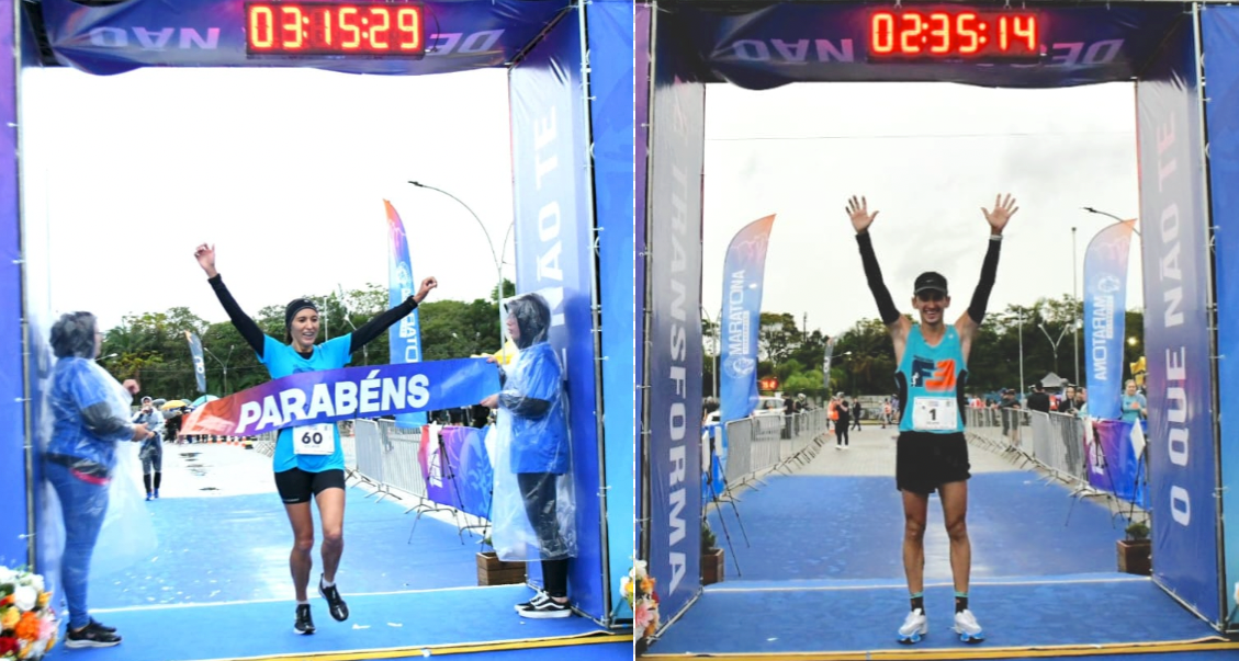 Maratona de Tubarão #ParaTodosVerem Nas fotos, os atletas Juliana Stolarski Uavnizack e Felipe Costa, vencedores da 1ª Maratona de Tubarão