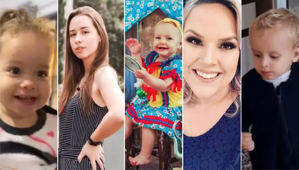 Vítimas saudade #ParaTodosVerem Na foto, duas mulheres, um morena e outra loira, e três bebês, mortos por um rapaz de 18 anos em uma creche