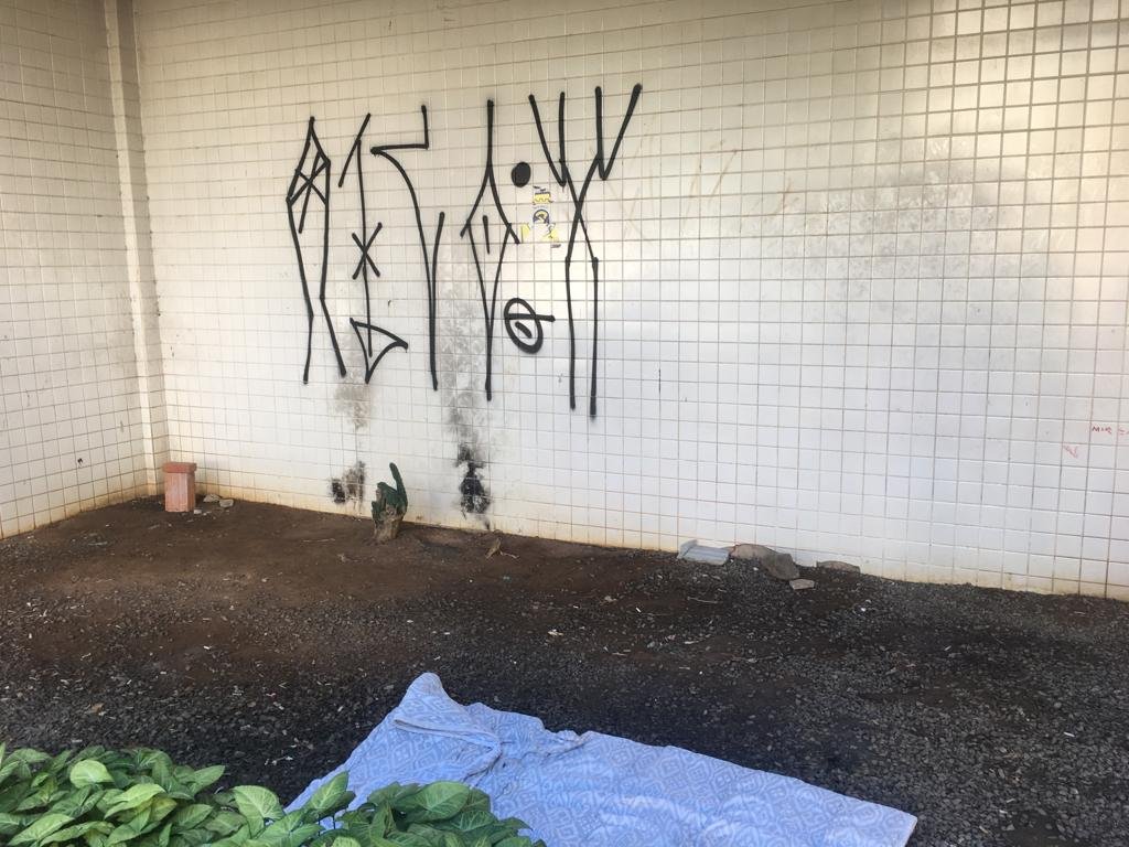 Centro Municipal de Cultura #ParaTodosVerem Na foto, uma pichação feita em um prédio público de Tubarão