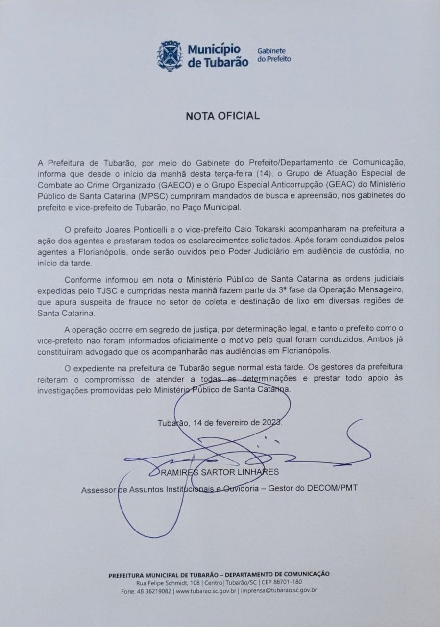Nota Prefeitura de Tubarão