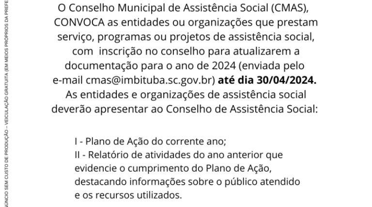 CMAS convoca entidades para atualização de documentação em Imbituba