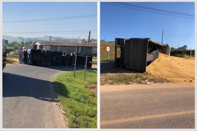 Carreta tomba na BR-101 em Sangão e deixa três feridos, incluindo uma criança