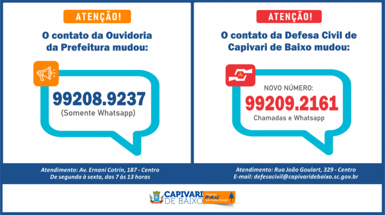 Capivari de Baixo atualiza contatos da Ouvidoria e Defesa Civil