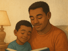 Pai e filho sentados em um sofá lendo juntos um livro, em um momento de carinho e conexão familiar.