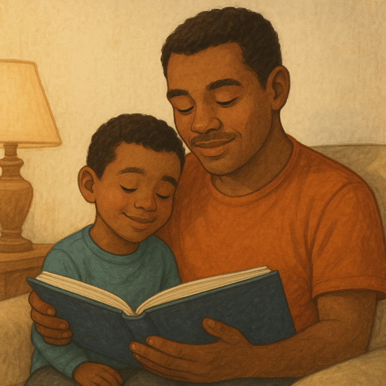 Pai e filho sentados em um sofá lendo juntos um livro, em um momento de carinho e conexão familiar.