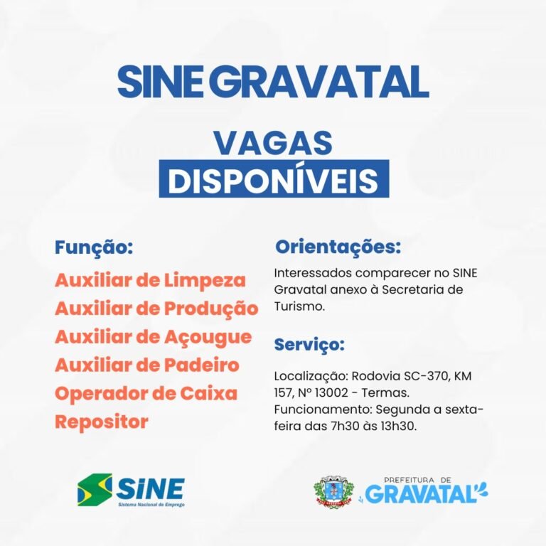 SINE Gravatatal divulga vagas de emprego em diversas áreas