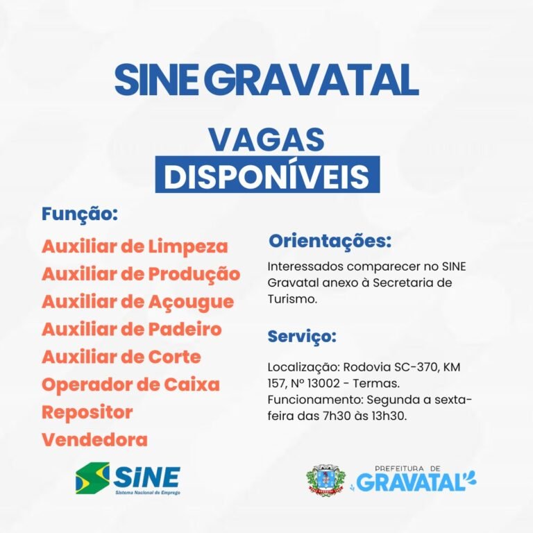 Sine de Gravatal oferece novas vagas de emprego em diversas áreas