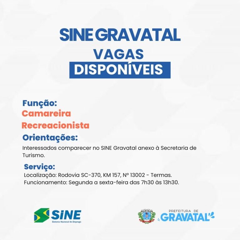 SINE de Gravatal divulga novas vagas de emprego nesta semana