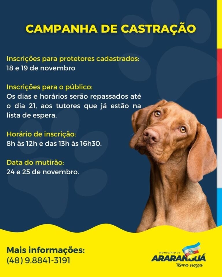 Araranguá realiza campanha de castração nos dias 24 e 25 de novembro